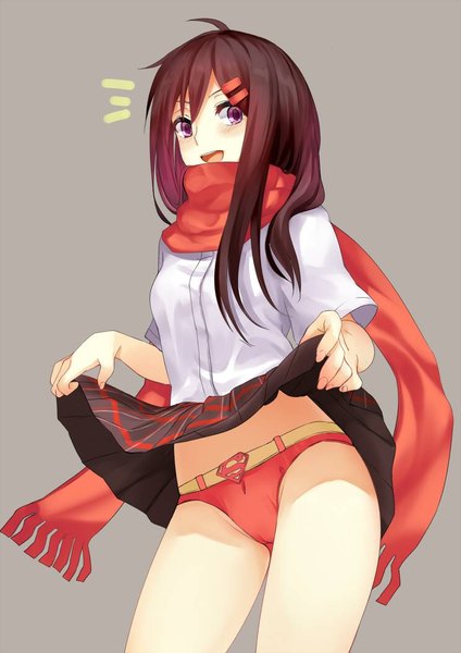 Anime picture 744x1052 with kagerou project superman shaft (studio) dc comics tateyama ayano aki663 single long hair tall image blush fringe open mouth light erotic simple background hair between eyes brown hair purple eyes :d grey background skirt lift