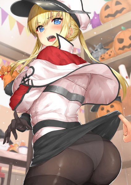 Anime picture 752x1062 with kantai collection graf zeppelin (kantai collection) body mahattaya ginga long hair tall image looking at viewer blush fringe breasts open mouth blue eyes light erotic blonde hair hair between eyes standing twintails ass looking back from below solo focus