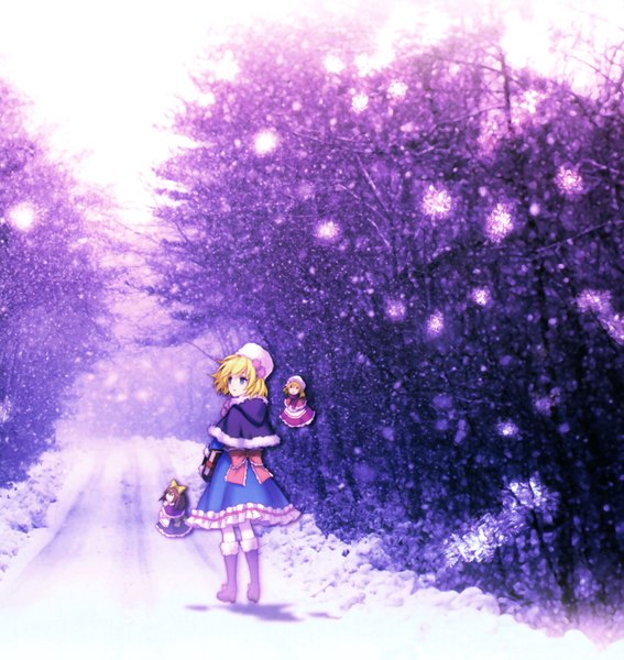 Anime picture 1996x2112 with touhou gensou kaikyou (artbook) alice margatroid shanghai hourai an2a single tall image highres short hair open mouth blue eyes blonde hair snowing winter snow photo background girl bow hair bow