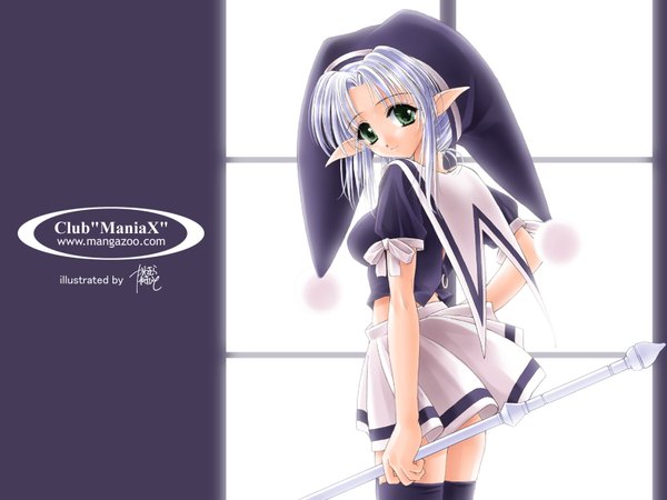 Anime picture 1600x1200 with club maniax kawamura yasuhito single looking at viewer short hair smile standing holding green eyes signed looking back pointy ears inscription copyright name hand on hip purple background girl thighhighs skirt bow
