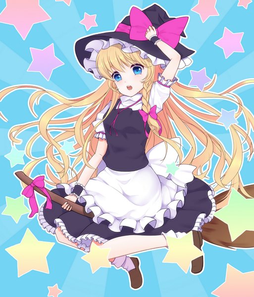 Anime picture 1455x1700 with touhou kirisame marisa furapechi (artist) long hair tall image open mouth blue eyes blonde hair braid (braids) witch girl dress bow hair bow star (symbol) witch hat broom