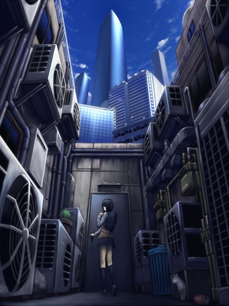 Anime picture 2000x2666 with original ac (eshi) tall image highres short hair black hair city girl animal serafuku building (buildings) cat bag door