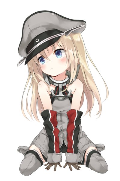 Anime picture 1281x1920 with kantai collection bismarck battleship azuuru single long hair tall image blush fringe blue eyes simple background blonde hair hair between eyes white background sitting bare shoulders looking away full body bent knee (knees) arm support loli