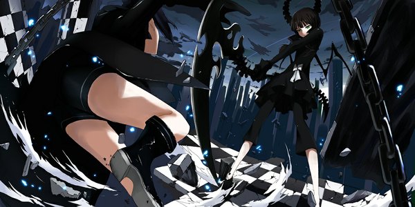 Anime picture 1080x540 with black rock shooter black rock shooter (character) dead master linsert (artist) long hair fringe black hair wide image twintails multiple girls holding green eyes sky eyes closed horn (horns) drill hair checkered floor fighting stance checkered running