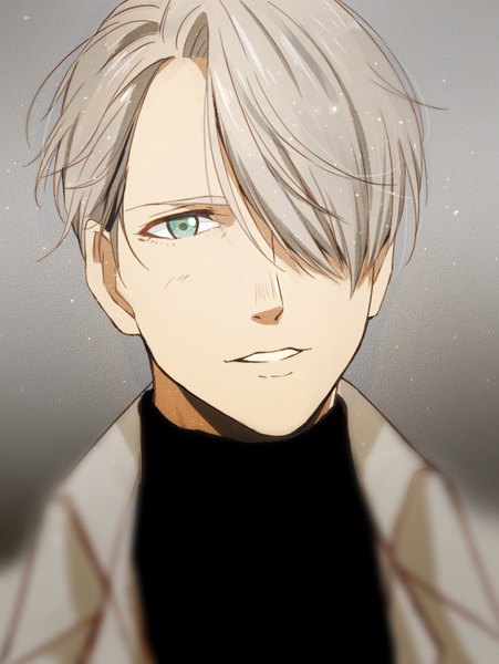 Anime picture 838x1114 with yuri!!! on ice mappa viktor nikiforov xing (pixiv19650363) single tall image fringe short hair simple background looking away parted lips aqua eyes grey hair hair over one eye grey background portrait boy turtleneck