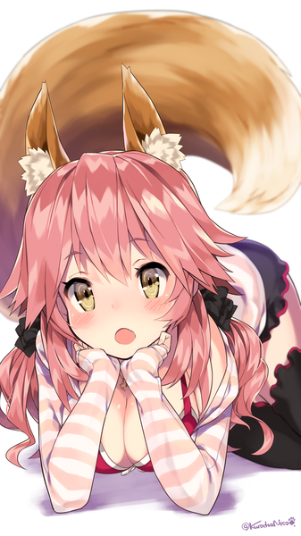 Anime picture 1080x1920 with fate (series) fate/extra tamamo (fate) (all) tamamo no mae (fate) kuro chairo no neko single long hair tall image blush fringe breasts open mouth light erotic simple background hair between eyes large breasts white background twintails signed animal ears
