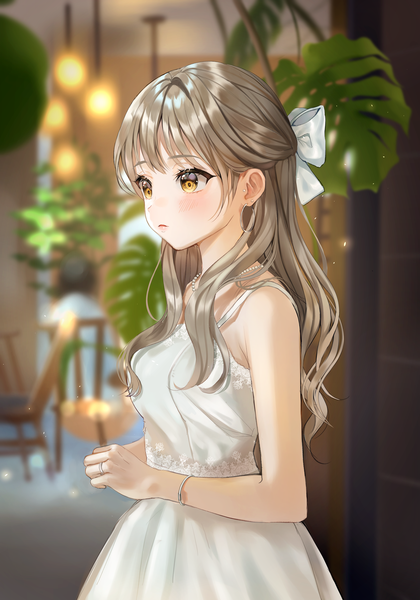 Anime picture 3500x5000 with original aina 156cm single long hair tall image blush fringe highres brown hair standing bare shoulders yellow eyes payot looking away absurdres indoors blurry depth of field sleeveless lens flare