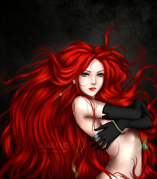 Anime picture 788x900 with original m-aelis single tall image light erotic green eyes looking away red hair very long hair nude lips no bra covering covering breasts girl gloves earrings elbow gloves bracelet ring