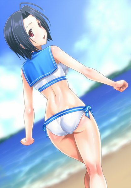 Anime picture 800x1150 with idolmaster idolmaster (classic) miura azusa muhi11234 single tall image blush short hair open mouth light erotic red eyes blue hair sky cloud (clouds) ass beach sailor swimsuit (idolmaster) girl swimsuit sea