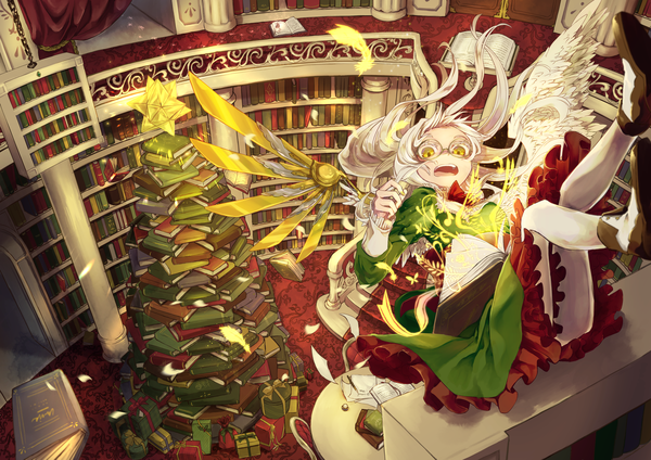Anime picture 5016x3541 with original canned rose single long hair looking at viewer highres open mouth yellow eyes absurdres white hair indoors long sleeves christmas frilled dress falling mechanical wings asymmetrical wings girl dress pantyhose