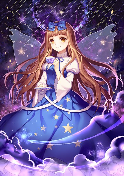 Anime picture 800x1131 with touhou star sapphire mirror (xilu4) single long hair tall image looking at viewer fringe smile brown hair brown eyes blunt bangs star print girl bow hair bow wings star (symbol) star (stars) cup