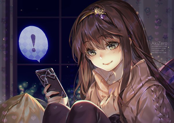 Anime picture 2122x1500 with mystic messenger protagonist (mystic messenger) akizero1510 single long hair blush fringe highres smile hair between eyes brown hair holding signed bent knee (knees) fingernails blurry grey eyes hand on chest looking down long fingernails