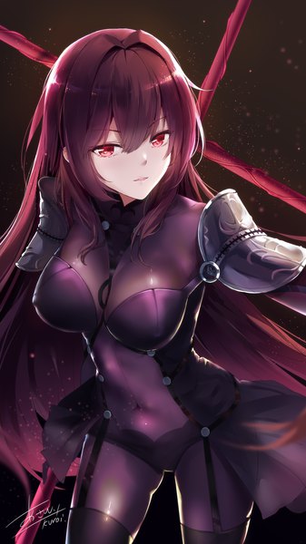 Anime picture 1147x2039 with fate (series) fate/grand order scathach (fate) (all) scathach (fate) asahi kuroi single long hair tall image looking at viewer blush fringe breasts open mouth light erotic simple background hair between eyes red eyes large breasts standing holding