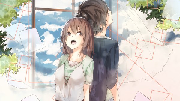 Anime picture 1500x844 with original la-na long hair short hair open mouth black hair brown hair wide image brown eyes couple looking up back to back girl boy paper