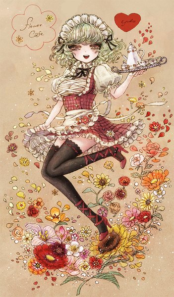 Anime picture 585x1000 with touhou kazami yuuka takatora single tall image looking at viewer short hair open mouth red eyes green hair inscription high heels brown background waitress girl thighhighs flower (flowers) black thighhighs petals headdress