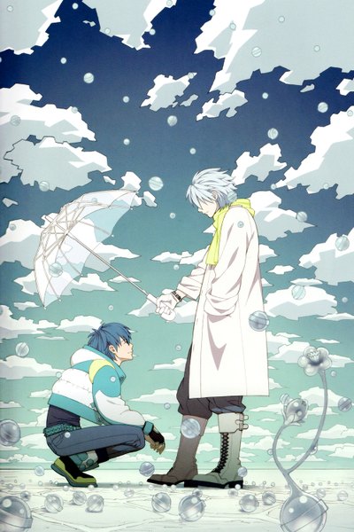 Anime picture 1000x1500 with dramatical murder nitro+chiral aoba (dmmd) clear (dmmd) honya lala tall image short hair smile blue hair sky cloud (clouds) white hair eyes closed profile scan official art multiple boys rain squat lacing