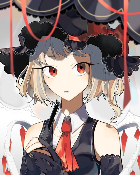 Anime-Bild 1600x2000 mit touhou flandre scarlet mi-ko (meeco35) single tall image looking at viewer short hair blonde hair red eyes parted lips girl gloves hat wings black gloves elbow gloves fingerless gloves detached collar vest bonnet