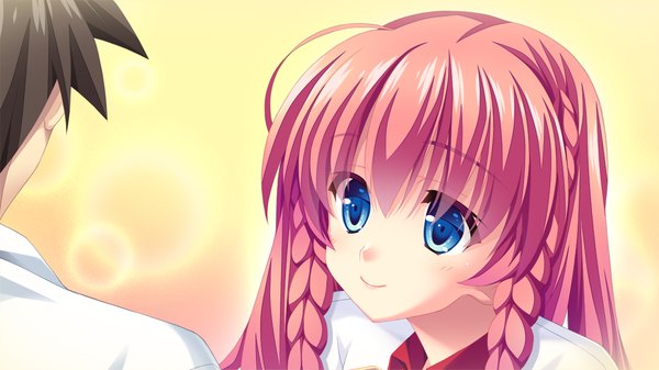 Anime picture 1280x720 with kozukuri shiyou yo souma-kun long hair blue eyes smile wide image pink hair game cg braid (braids) couple girl boy