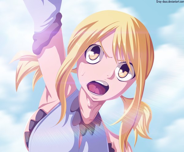Anime picture 2100x1734 with fairy tail lucy heartfilia gray-dous single long hair highres open mouth blonde hair twintails yellow eyes sky cloud (clouds) armpit (armpits) sweat coloring short twintails girl