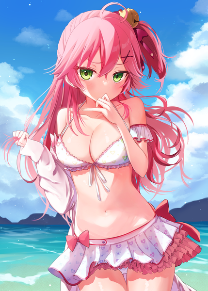 Anime picture 2500x3500 with virtual youtuber hololive sakura miko ineka ka single long hair tall image looking at viewer fringe highres breasts light erotic hair between eyes large breasts green eyes pink hair sky cloud (clouds) ahoge one side up