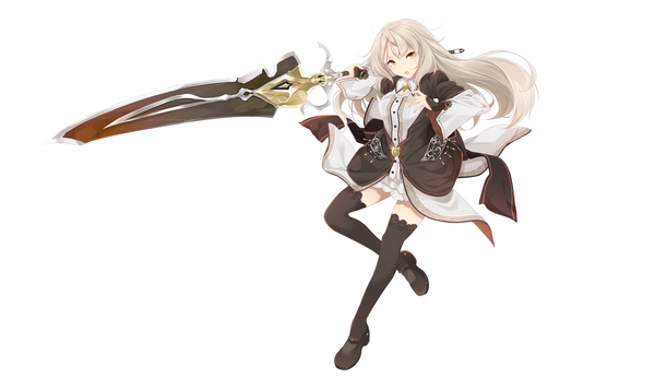 Anime picture 3018x1800 with original animetta single long hair looking at viewer highres open mouth wide image white background brown eyes white hair girl thighhighs dress weapon black thighhighs sword