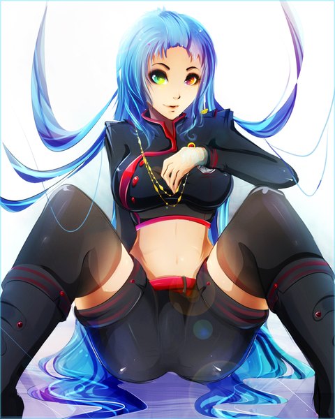 Anime picture 1600x2000 with original koveliana single tall image looking at viewer highres light erotic sitting green eyes blue hair very long hair light smile orange eyes spread legs heterochromia girl thighhighs black thighhighs shorts boots