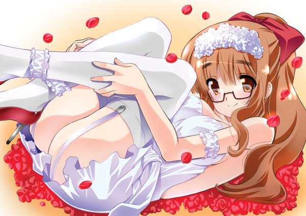 Anime picture 2339x1654 with girls und panzer takebe saori senomoto hisashi single long hair looking at viewer highres light erotic smile brown eyes girl thighhighs bow hair bow petals white thighhighs glasses