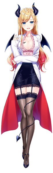 Anime picture 462x1500 with virtual youtuber hololive yuzuki choco yuzuki choco (1st costume) masuishi kinoto single long hair tall image looking at viewer blush breasts open mouth blue eyes light erotic simple background blonde hair large breasts standing white background cleavage