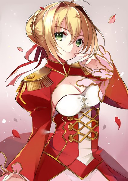 Anime picture 700x989 with fate (series) fate/extra nero claudius (fate) (all) nero claudius (fate) ry thae single tall image looking at viewer fringe short hair breasts light erotic simple background blonde hair smile hair between eyes standing green eyes payot cleavage