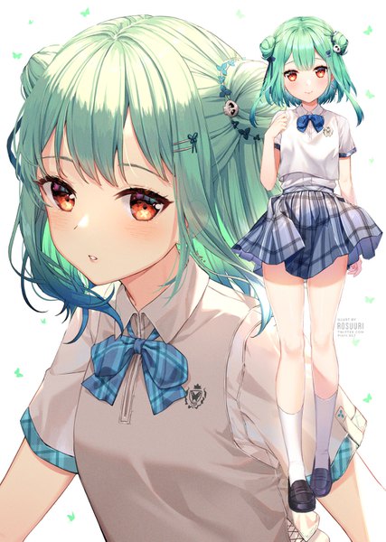 Anime picture 1000x1405 with virtual youtuber hololive uruha rushia rosuuri tall image looking at viewer blush fringe short hair simple background smile red eyes standing white background signed payot parted lips aqua hair short sleeves hair bun (hair buns)