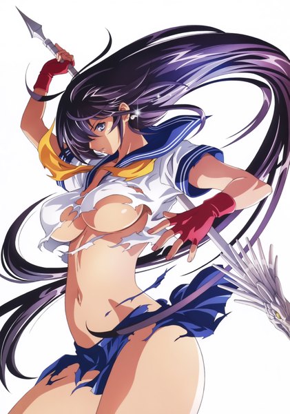 Anime picture 4915x7010 with ikkitousen kanu unchou single tall image highres breasts blue eyes light erotic black hair simple background large breasts white background absurdres ponytail very long hair scan official art torn clothes girl gloves