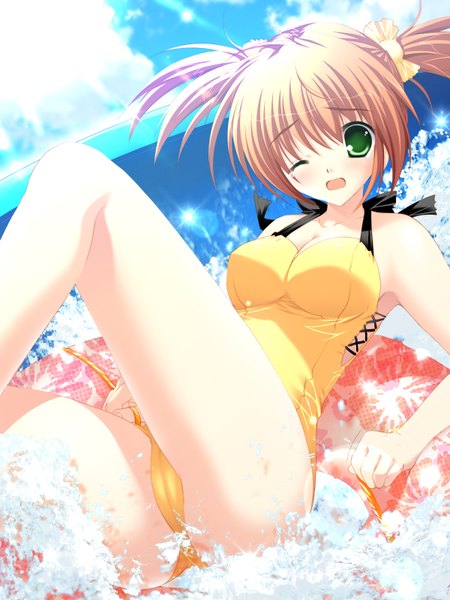 Anime picture 1200x1600 with mikeou single tall image short hair open mouth light erotic brown hair twintails green eyes short twintails cameltoe ;d wince girl swimsuit water one-piece swimsuit
