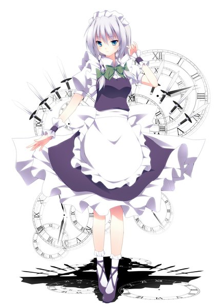 Anime picture 800x1130 with touhou izayoi sakuya kurono yuzuko single tall image looking at viewer fringe short hair blue eyes simple background white background silver hair braid (braids) shadow maid twin braids girl uniform bow hair bow