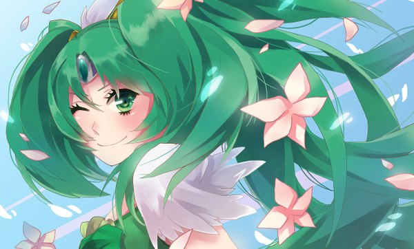Anime picture 1250x756 with precure smile precure! toei animation midorikawa nao cure march single long hair blush smile wide image green eyes one eye closed green hair wink girl dress flower (flowers) petals circlet
