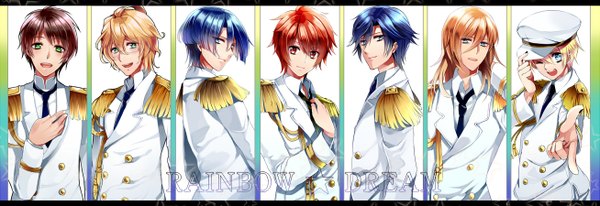 Anime picture 2615x900 with uta no prince-sama a-1 pictures jinguji ren hijirikawa masato ichinose tokiya ittoki otoya kurusu shou shinomiya natsuki aijima cecil kurabayashi looking at viewer blush highres short hair open mouth blue eyes simple background blonde hair smile red eyes