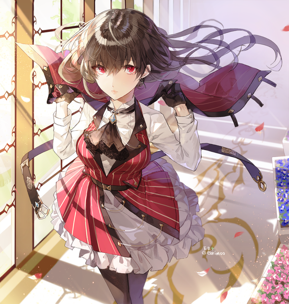 Anime picture 800x842 with original kim eb single long hair tall image looking at viewer fringe black hair hair between eyes red eyes signed from above wind sunlight twitter username girl gloves earrings pantyhose black gloves