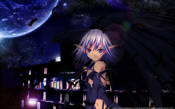 Anime picture 1920x1200 with murakami suigun highres short hair blonde hair red eyes wide image bare shoulders pointy ears night night sky black wings constellation girl wings feather (feathers) planet