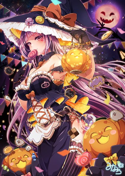 Anime picture 1000x1414 with original shidou riko single long hair tall image fringe breasts light erotic large breasts purple eyes holding purple hair outdoors blunt bangs from below side slit halloween girl thighhighs gloves