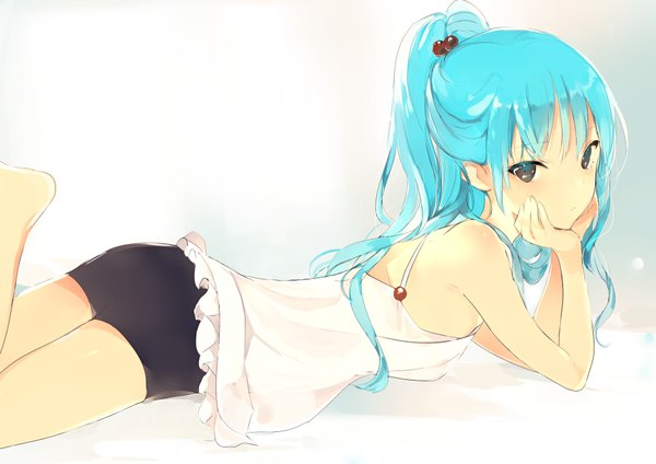 Anime picture 903x639 with original lpip single long hair looking at viewer fringe bare shoulders brown eyes payot bent knee (knees) ponytail lying aqua hair bare legs no shoes sleeveless on stomach head rest leg up hands on face