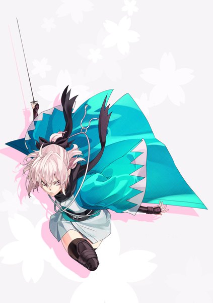 Anime picture 1444x2048 with fate (series) koha-ace okita souji (fate) (all) okita souji (koha-ace) akamiso (k074510) single tall image short hair looking away silver hair full body ahoge ponytail traditional clothes japanese clothes half updo silver eyes floral background shinsengumi girl