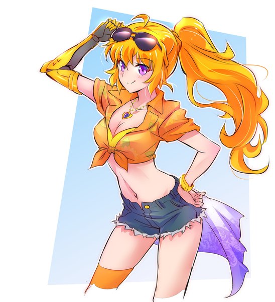 Anime picture 3738x4096 with rwby rooster teeth yang xiao long iesupa single long hair tall image highres breasts simple background blonde hair smile large breasts purple eyes absurdres cleavage ahoge ponytail midriff hand on hip
