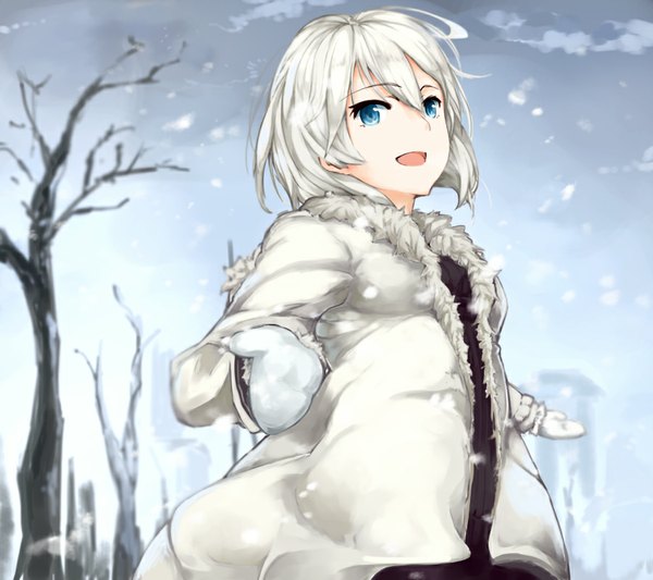 Anime picture 900x800 with idolmaster idolmaster cinderella girls anastasia (idolmaster) yashigaras single looking at viewer short hair open mouth blue eyes sky cloud (clouds) white hair open clothes open jacket happy snowing winter bare tree girl plant (plants)