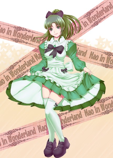 Anime picture 1306x1819 with precure smile precure! midorikawa nao harihisa single long hair tall image light erotic ponytail green hair maid legs skirt lift girl thighhighs dress bow hair bow shoes