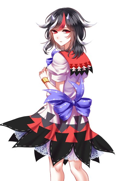 Anime-Bild 1600x2400 mit touhou kijin seija sheya single tall image looking at viewer fringe short hair black hair simple background red eyes white background parted lips looking back multicolored hair horn (horns) from behind short sleeves puffy sleeves streaked hair