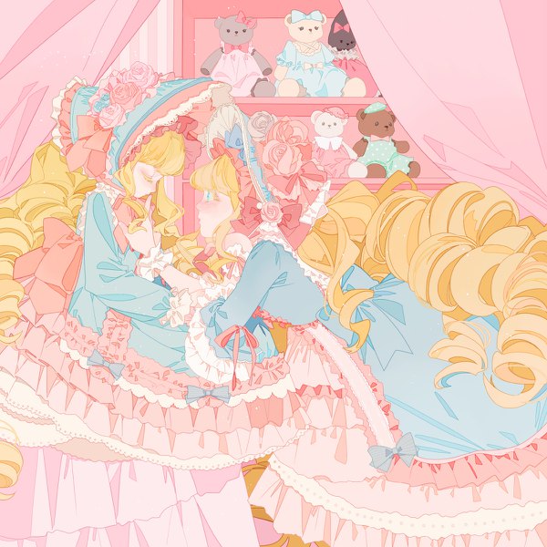 Anime picture 1200x1200 with original moca (p0ckylo) long hair blush fringe blue eyes blonde hair multiple girls payot looking away indoors eyes closed long sleeves profile drill hair finger to mouth face to face lolita fashion girl dress