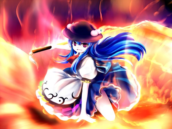 Anime picture 1600x1200 with touhou hinanawi tenshi abchipika long hair purple eyes blue hair girl hat sword fruit fire flame