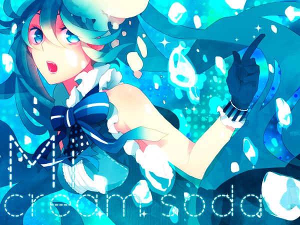 Anime picture 1600x1200 with vocaloid hatsune miku saine single long hair open mouth blue eyes bare shoulders blue hair inscription girl dress gloves bow