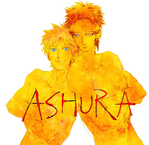 Anime picture 976x952 with naruto studio pierrot naruto (series) uzumaki naruto otsutsuki ashura arm (pixiv) looking at viewer short hair blue eyes simple background blonde hair brown hair white background nude inscription multiple boys facial mark crossed arms muscle whisker markings