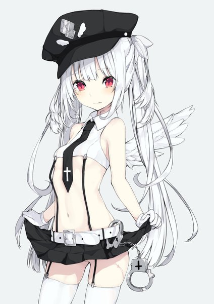 Anime picture 868x1228 with original paryi single long hair tall image looking at viewer fringe light erotic simple background red eyes standing twintails bare shoulders payot white hair pleated skirt grey background midriff skirt lift pale skin