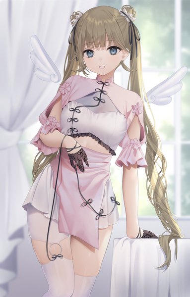 Anime picture 1430x2240 with virtual youtuber vspo! cattleya regina games hanabusa lisa pomelunch single long hair tall image looking at viewer fringe blue eyes brown hair standing twintails indoors blunt bangs traditional clothes parted lips head tilt blurry